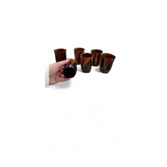 Set Of 6 Hand-Carved Wooden Cups With Geometric Design two tone mid century mod - Picture 3 of 4